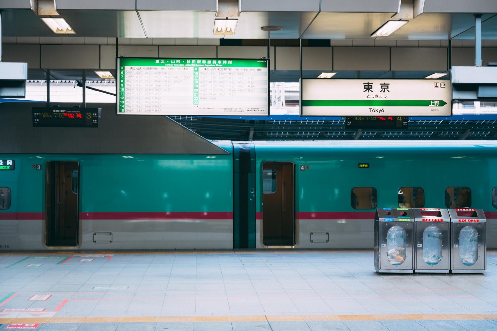 Tàu shinkansen màu xanh đỗ ở sân ga Tokyo, phía trên là biển tên ga