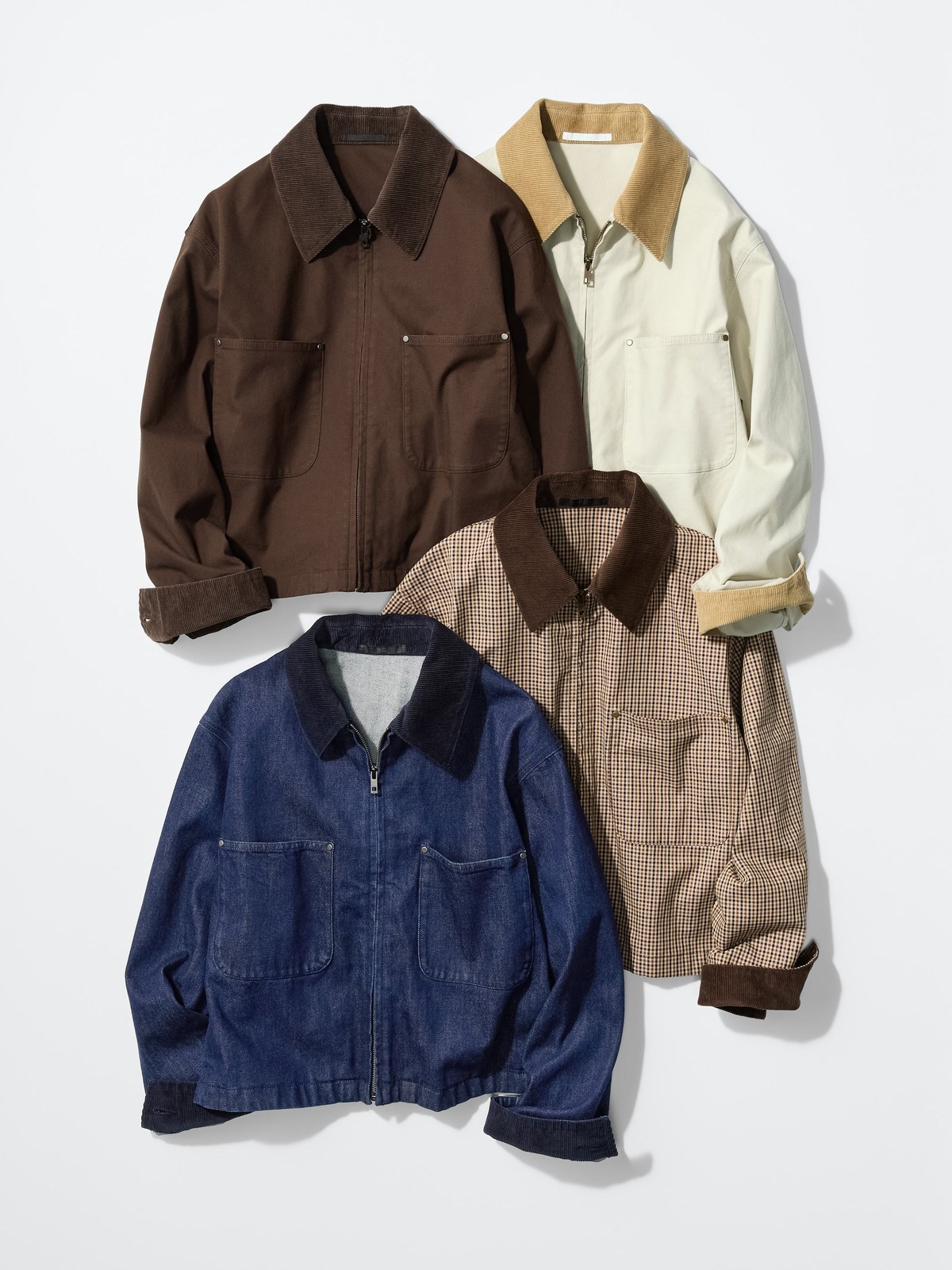 Bốn chiếc áo khoác ngắn cổ nhung tăm của UNIQLO thu đông 2026, màu nâu, kem, xanh denim và kẻ ô
